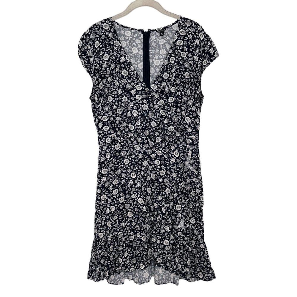 J. Crew Mercantile Women's Navy White Faux Wrap Floral Mini Ruffle Dress Size 10
